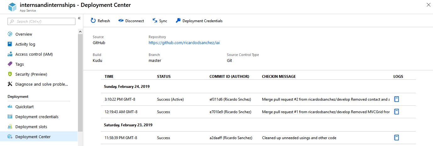 Screenshot for Azure app services continuous deployment