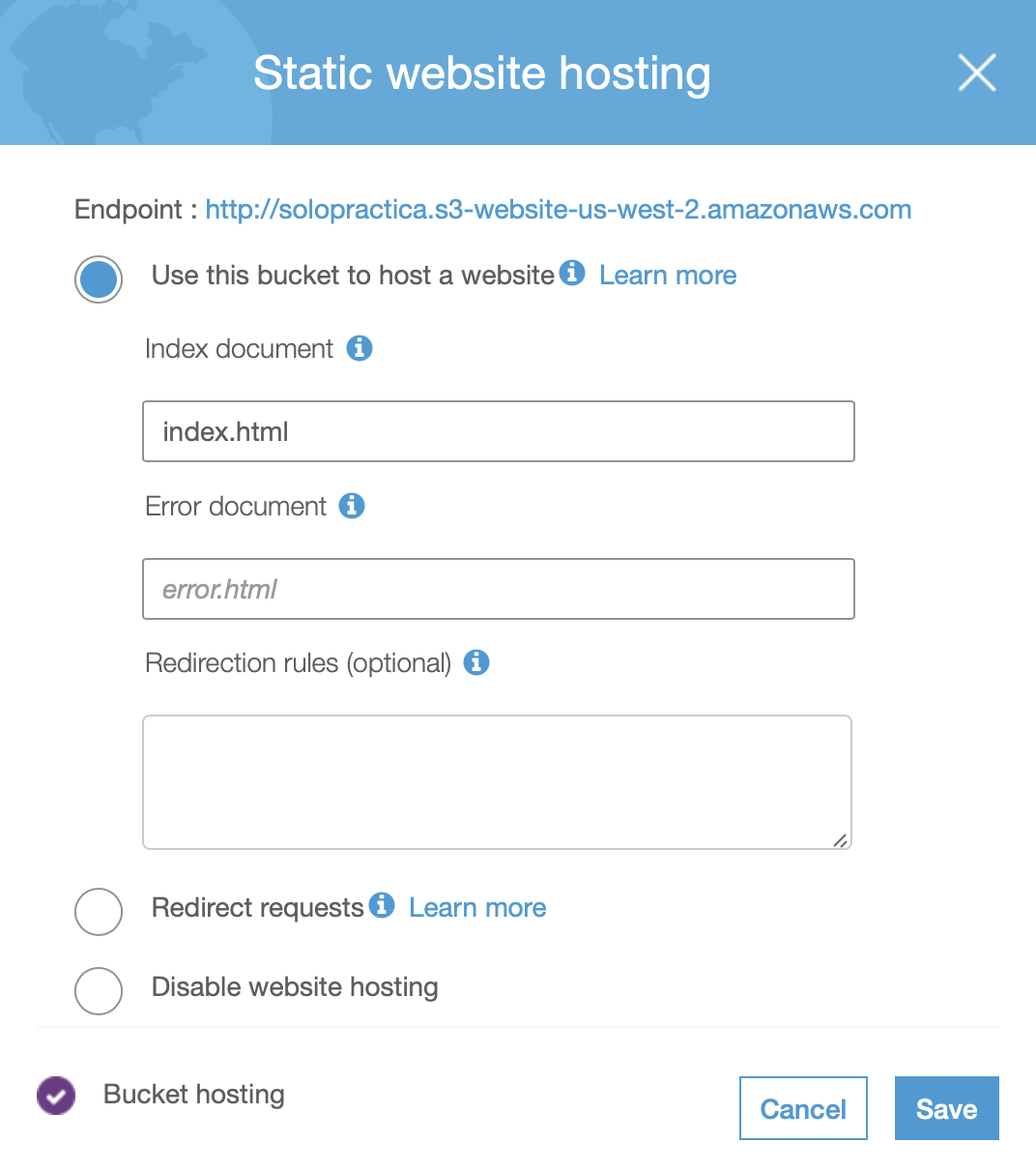 Image of static website hosting properties in AWS S3