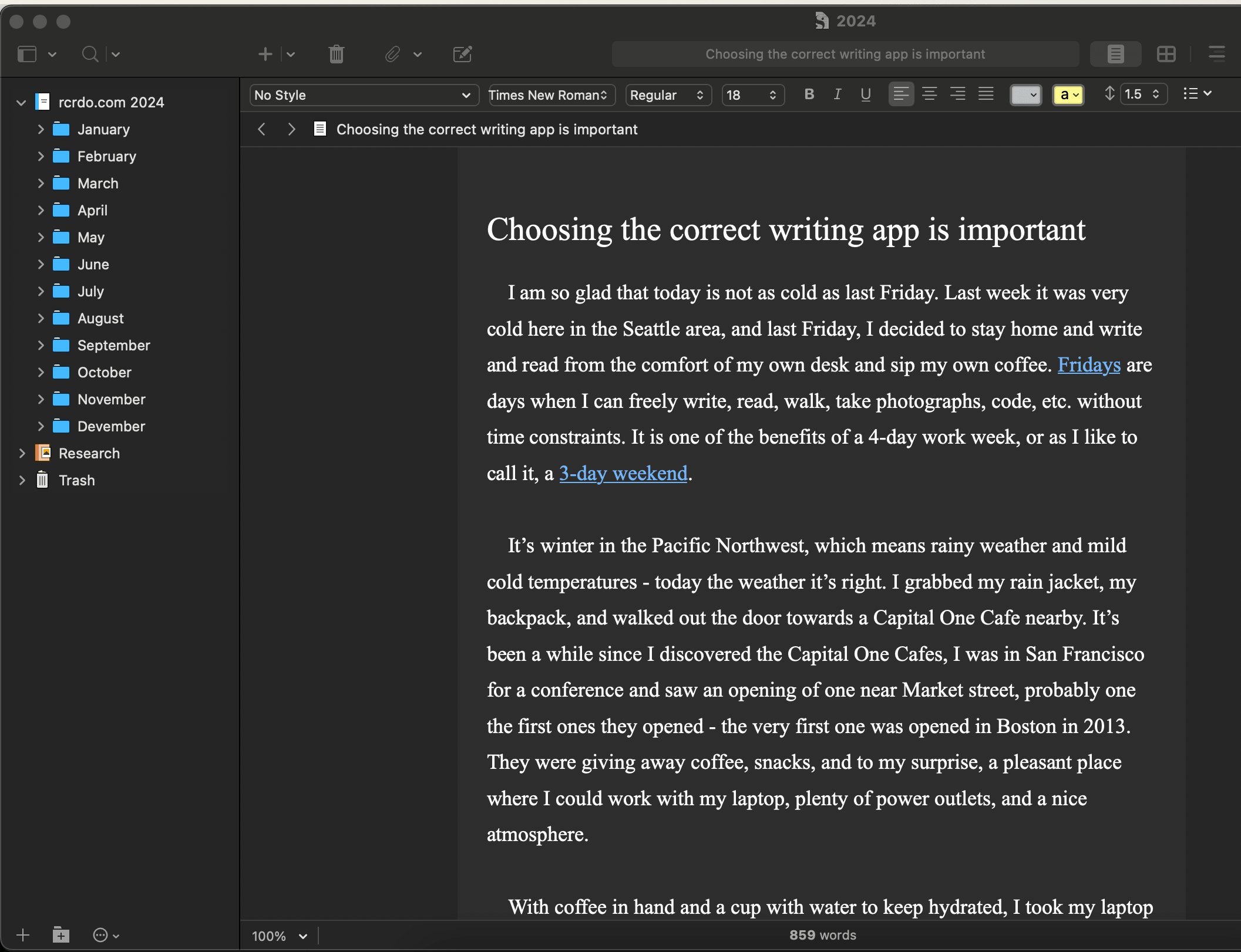 screenshot of Scrivener app