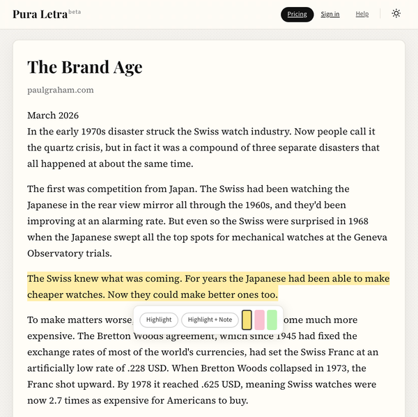 Web page showing an article on Pura Letra's distracting reading experience
