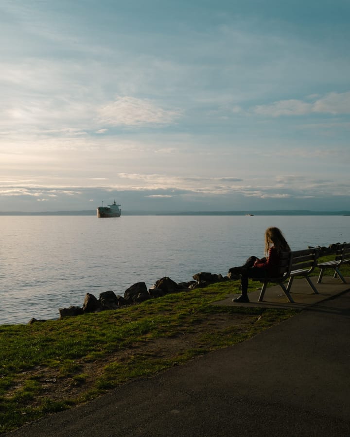 A person sitting on a bench at the Seattle Water Front admiring the Puget Sound